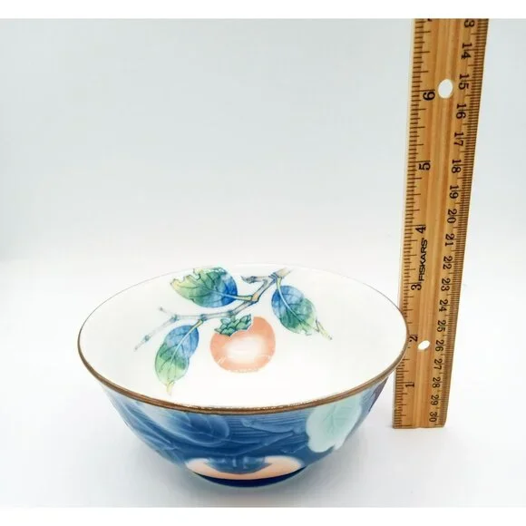Porcelain Bowl Hand Painted Peach Persimmon Leaf 5.5 Inch Vintage Japanese Mark - Picture 2 of 14